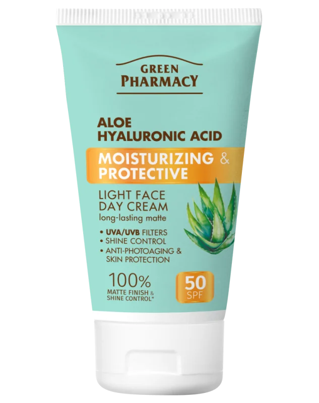 Green Pharmacy Aloe+ Hyaluronic Acid  SPF 50+ Ľahký hydratačný a ochranný denný pleťový krém 50 ml