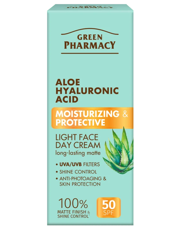 Green Pharmacy Aloe+ Hyaluronic Acid  SPF 50+ Ľahký hydratačný a ochranný denný pleťový krém 50 ml